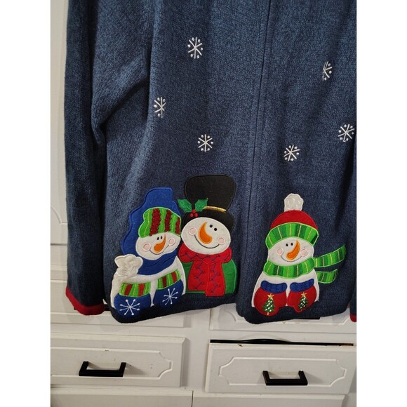 Tiara International Christmas Zip Up Blue Sweater Snowman Beaded Vintage Large - Picture 2 of 6